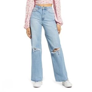 BP Jeans Denim High Rise Waist Wide Leg 100% Cotton Distressed SIZE 24 Med Wash